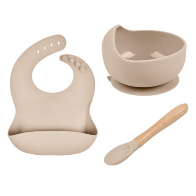 Coffret Repas Bébé Silicone 3 Pièces – Bol, Cuillère et Bavoir Étanche